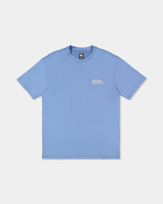 Image of a model wearing Tops. Product name - Quiksilver Mens Carbon Short Sleeve Rashguard Quiet Harbor in Quiet Harbor colour by brand - Quiksilver