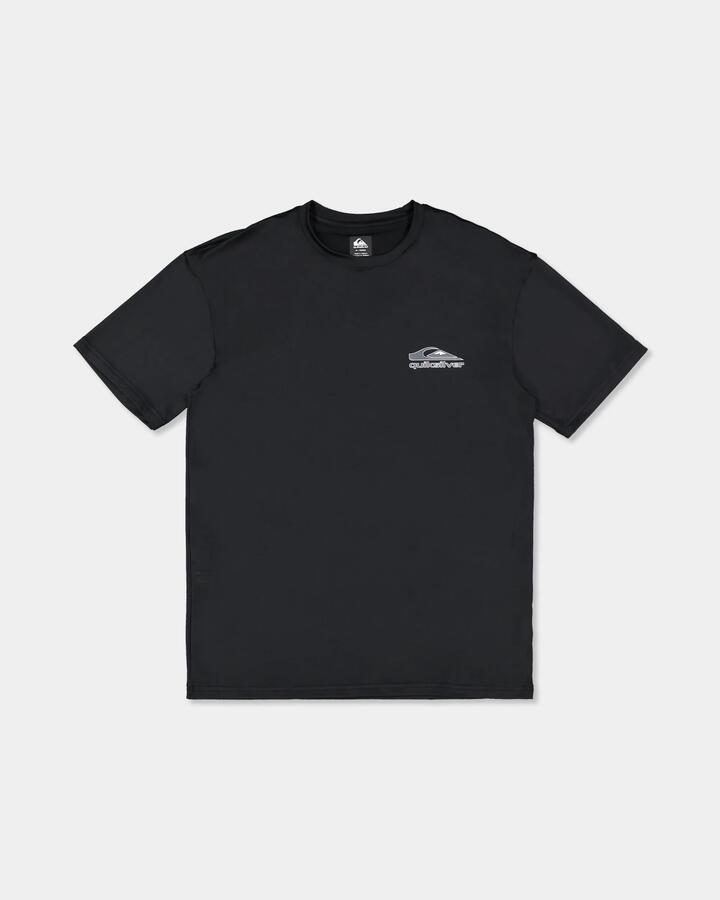 Image of a model wearing Tops. Product name - Quiksilver Mens Carbon Short Sleeve Rashguard Black in Black colour by brand - Quiksilver