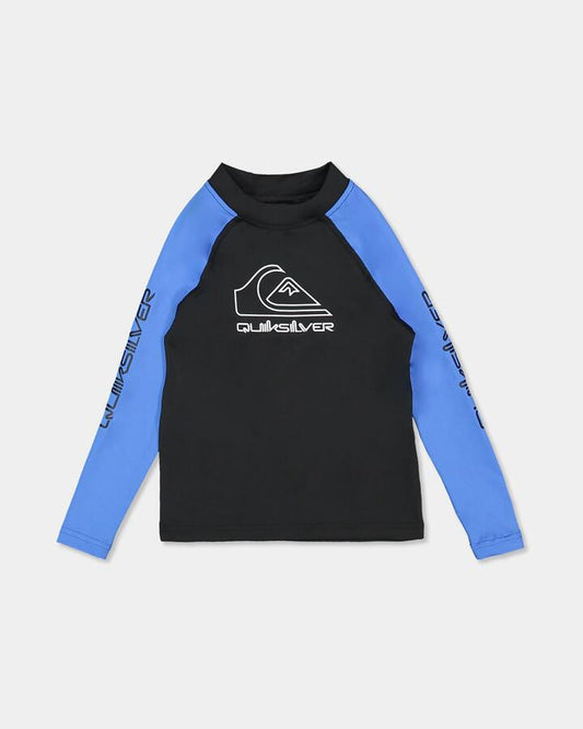 Image of a model wearing Tops. Product name - Quiksilver Boys 2-7 On Tour Long Sleeve Rash Vest Palace Blue in Palace Blue colour by brand - Quiksilver