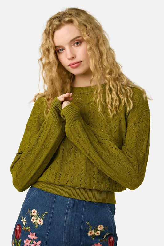 Image of a model wearing Outerwear. Product name - Gracey Wave Knit Jumper in Rose colour by brand - Princess Highway