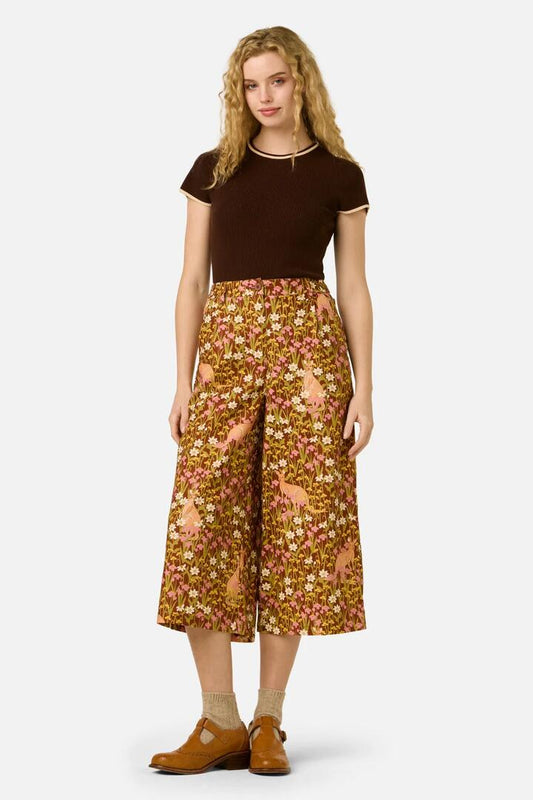 Image of a model wearing Pants. Product name - Kangaroo & Flora Culotte in Rust colour by brand - Princess Highway
