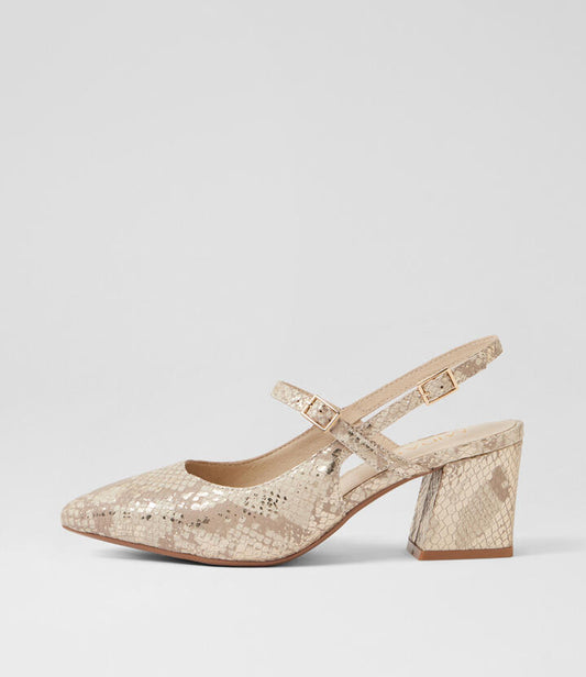 Image of Heels. Product name - Mitkat Ivory Gold Snake Leather Heels in Ivory&Gold Snake colour by brand - MIDAS