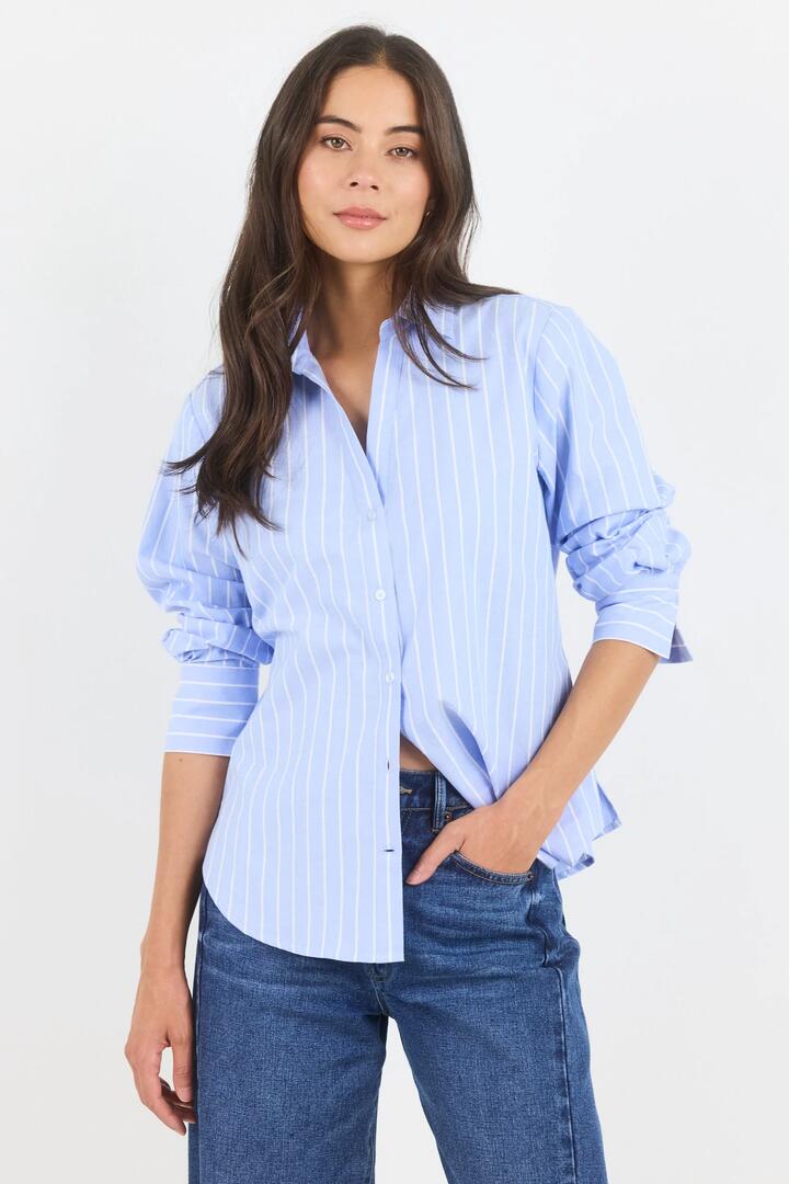 Image of Shirts. Product name - Rebellious Blue White Stripe Tie Back Shirt in Blue White Stripe colour by brand - Stories be Told