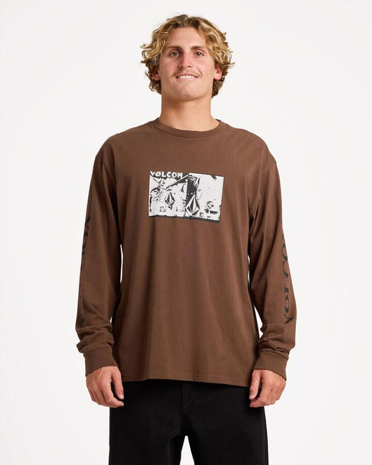 Image of a model wearing Tops. Product name - Volcom Mens Mirrors Long Sleeve T-Shirt Brown Stone in Brown Stone colour by brand - Volcom
