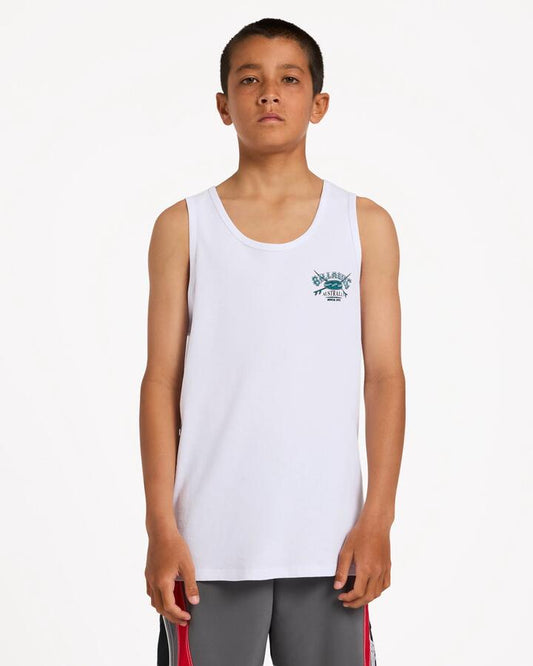 Image of a model wearing Tops. Product name - Billabong Boys 8-16 Boys Crossboard Tank Top White in White colour by brand - Billabong
