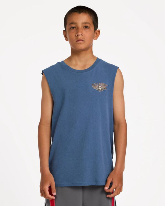 Image of a model wearing Tops. Product name - Billabong Boys 8-16 Boys Heritage Arch Muscle China Blue in China Blue colour by brand - Billabong