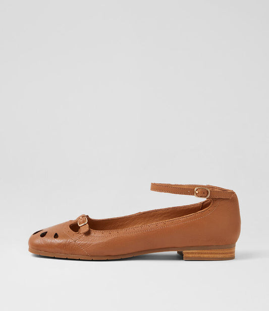 Image of Shoes. Product name - Pru Tan Leather Flat Shoes in Tan colour by brand - MIDAS