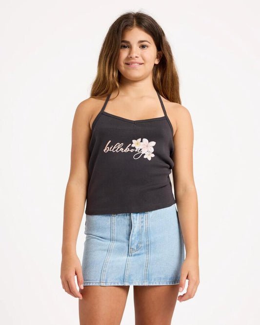 Image of a model wearing Tops. Product name - Billabong Girls 6-16 Bloom Crush Halter Neck Off Black in Off Black colour by brand - Billabong