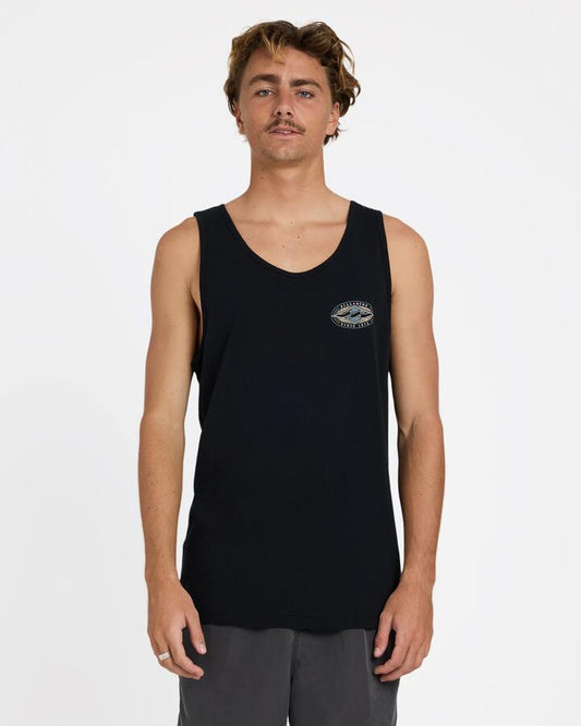 Image of a model wearing Tops. Product name - Billabong Mens Rotar Diamond Tank Top Black in Black colour by brand - Billabong
