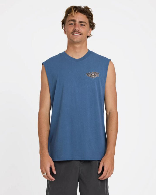 Image of a model wearing Tops. Product name - Billabong Mens Heritage Arch Muscle China Blue in China Blue colour by brand - Billabong