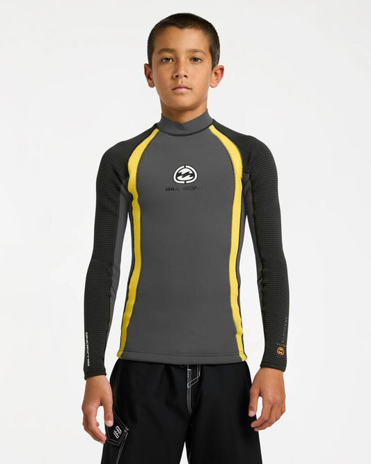 Image of a model wearing Tops. Product name - Billabong Boys 8-16 1/1 Absolute Ultra Long Sleeve Jacket Wetsuit Top Orange in Orange colour by brand - Billabong