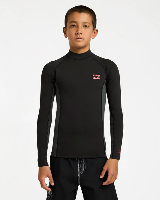 Image of a model wearing Tops. Product name - Billabong Boys 8-16 1Mm Absolute Long Sleeve Jacket Wetsuit Top Tar Black in Tar Black colour by brand - Billabong