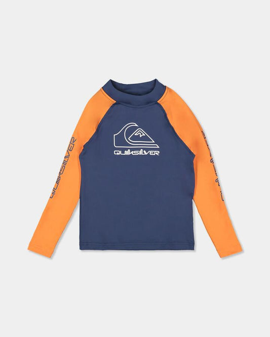 Image of a model wearing Tops. Product name - Quiksilver Boys 2-7 On Tour Long Sleeve Rash Vest Jaffa Orange in Jaffa Orange colour by brand - Quiksilver