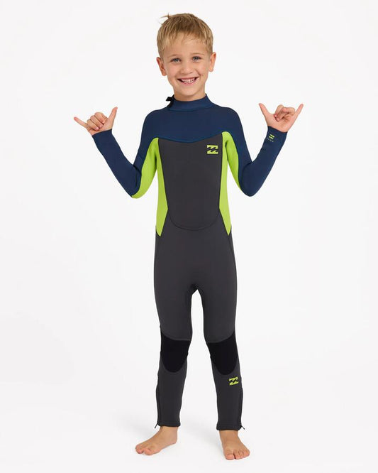 Image of a model wearing Tops. Product name - Billabong Boys 2-6 3/2 Absolute Long Sleeve Wetsuit Fluro Lime in Fluro Lime colour by brand - Billabong