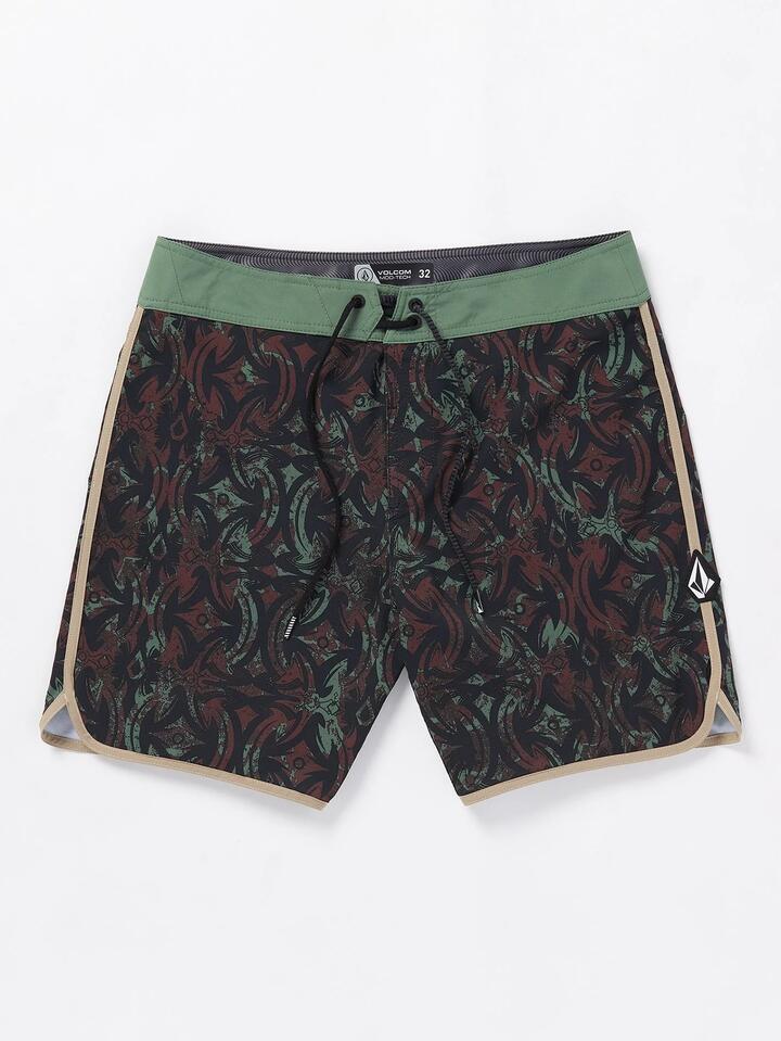 Image of Swimwear. Product name - Volcom Mens Lido Print Scallop Mod 19" Boardshorts Fir Green in Fir Green colour by brand - Volcom