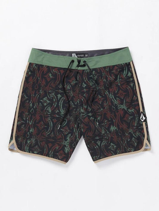 Image of Swimwear. Product name - Volcom Mens Lido Print Scallop Mod 19" Boardshorts Fir Green in Fir Green colour by brand - Volcom