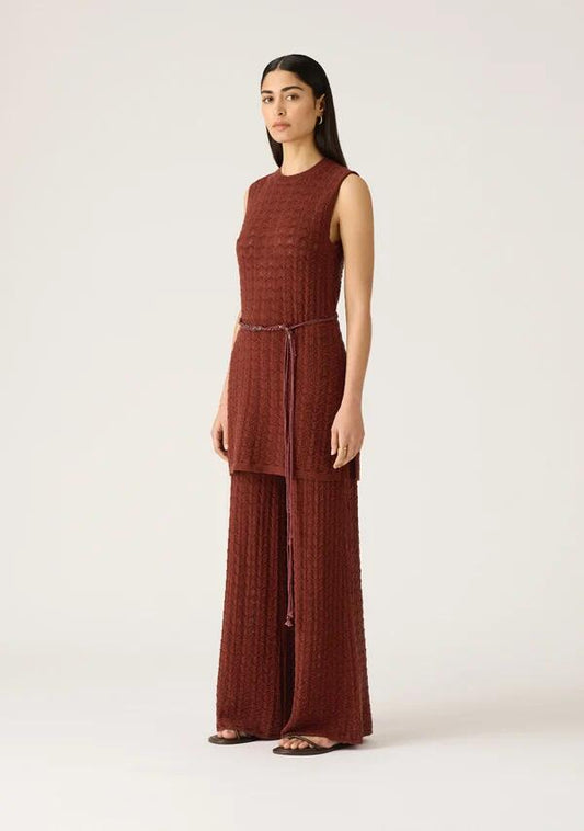 Image of a model wearing Pants. Productname: Selene Knit Pant in Wine colour by brand - MOS The Label