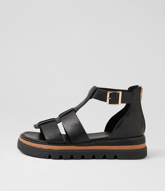 Image of Sandals. Product name - Sarama Black Leather Sandals in Black colour by brand - MIDAS