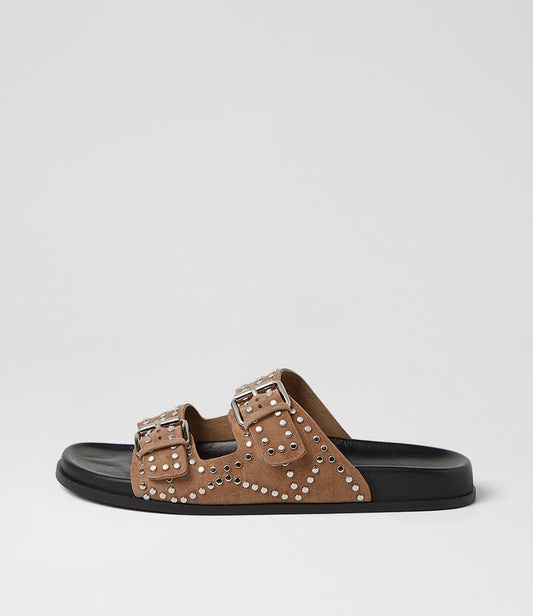 Image of Slippers. Product name - Heire Light Fawn Black Suede Slides in Lt Fawn-Black Sole colour by brand - MOLLINI