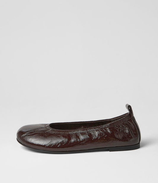 Image of Shoes. Product name - Linni Choc Crinkle Patent Ballet Flats in Choc colour by brand - MOLLINI