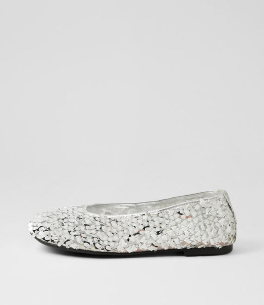 Image of Shoes. Product name - Linni Silver Sequin Flat Shoes in Silver colour by brand - MOLLINI