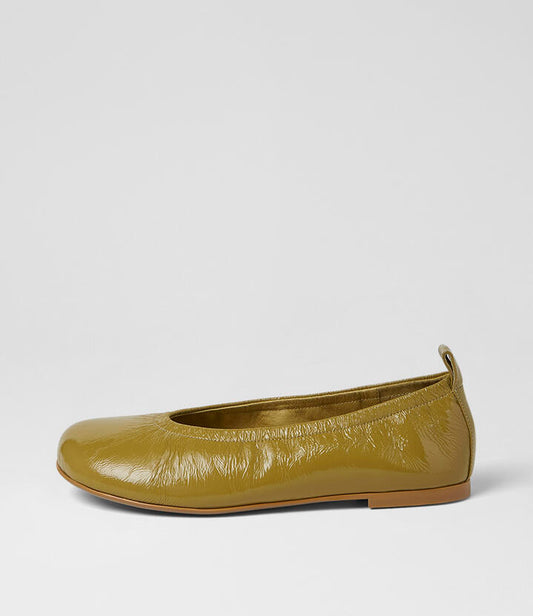 Image of Shoes. Product name - Linni Chartreuse Crinkle Patent Ballet Flats in Chartreuse colour by brand - MOLLINI