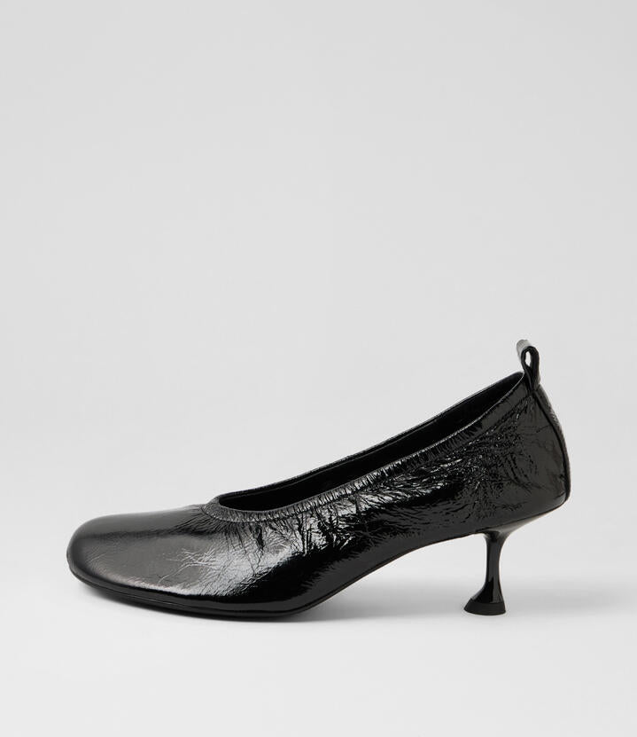 Image of Heels. Product name - Amerli Black Crinkle Patent Pump Heels in Black colour by brand - MOLLINI