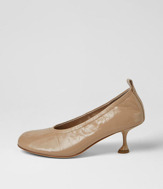 Image of Heels. Product name - Amerli Nude Crinkle Patent Pump Heels in Nude colour by brand - MOLLINI
