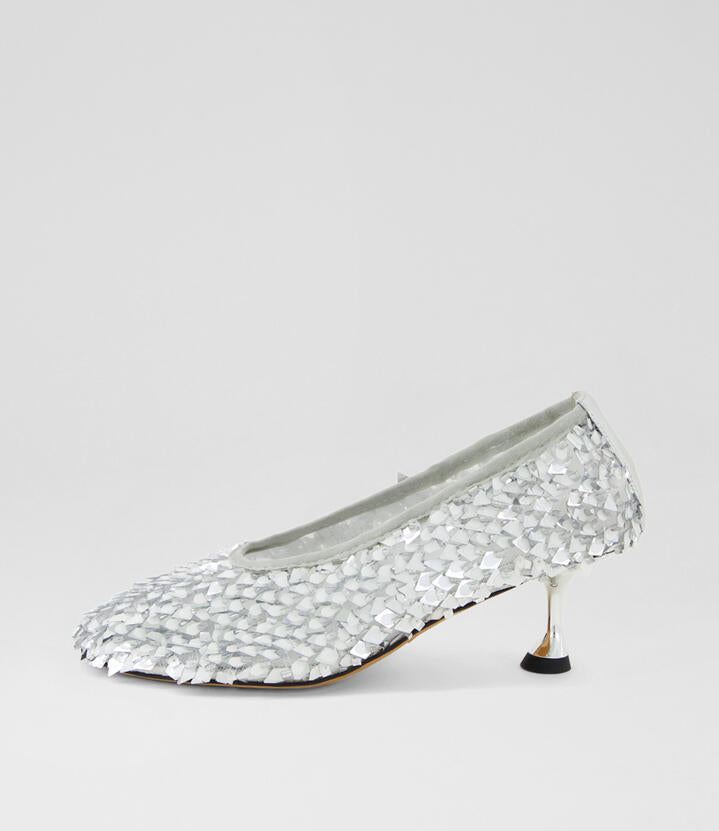 Image of Heels. Product name - Amerli Silver Fabric Pump Heels in Silver colour by brand - MOLLINI