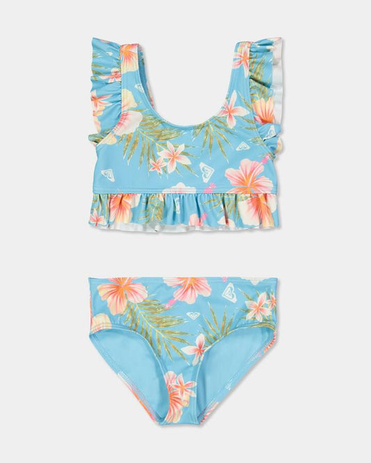 Image of a model wearing Tops. Product name - Roxy Girls 2-7 Hawayiha Crop Top Two Piece Splish Splash Hawayiha in Splish Splash Hawayiha colour by brand - Roxy