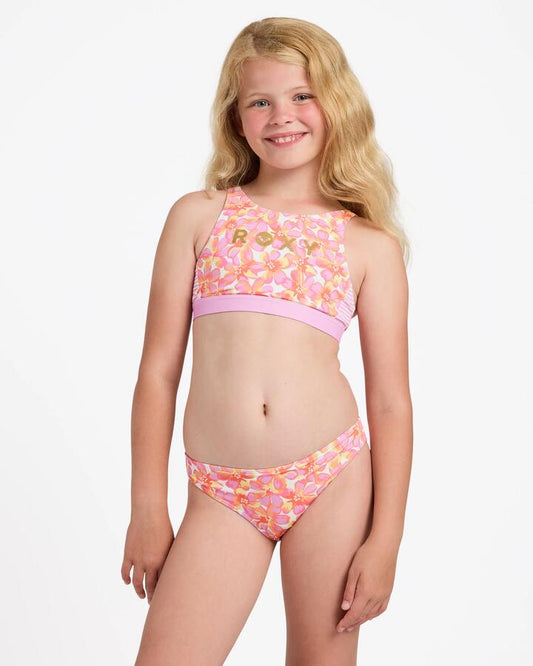 Image of a model wearing Tops. Product name - Roxy Girls 8-16 Petal Party Crop Top Two Piece Pastel Lavender in Pastel Lavender colour by brand - Roxy