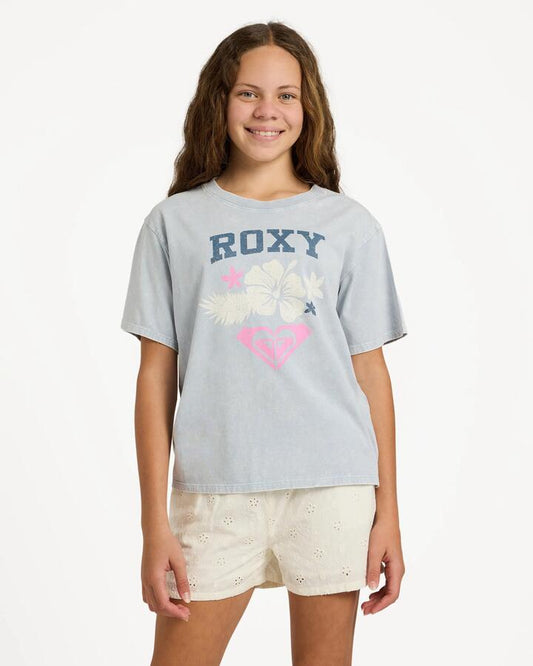 Image of T-Shirts. Product name - Roxy Girls 8-16 Eveoversize Washed T-Shirt Cerulean in Cerulean colour by brand - Roxy