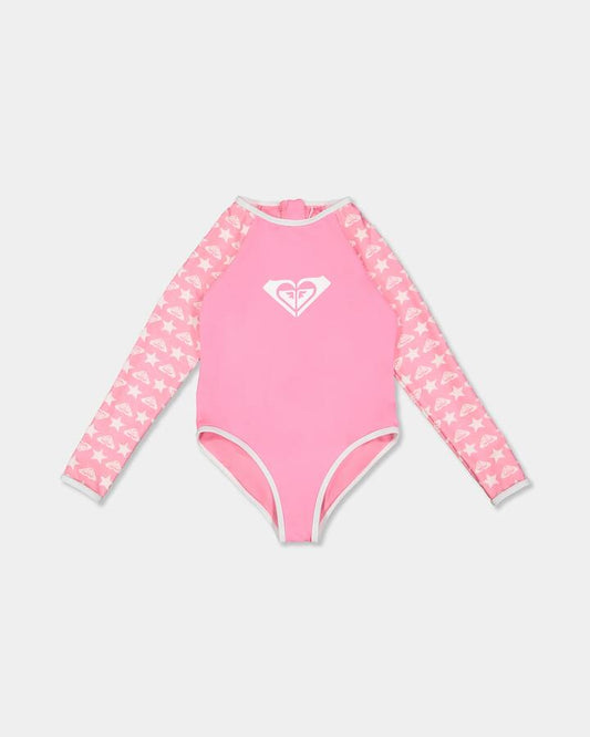 Image of a model wearing Tops. Product name - Roxy Girls 2-7 Super Star Long Sleeve One Piece Swimsuit Pink Carnation Super Star Tw in Pink Carnation Super Star Tw colour by brand - Roxy