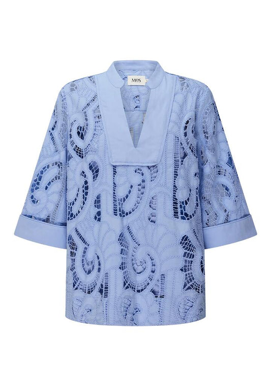 Image of a model wearing Outerwear. Productname: Marbella Tunic Top | MOS The Label in Cornflower Blue colour by brand - MOS The Label