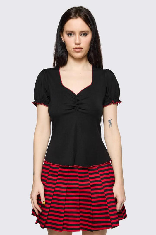 Image of a model wearing Tops. Product name - Trad Emo Soft Goth Ruffle Top in Black colour by brand - Black Friday