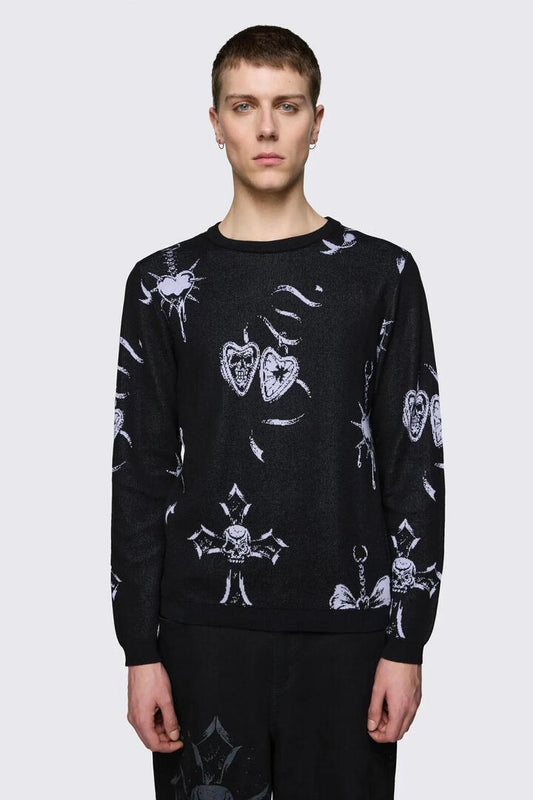Image of a model wearing Tops. Product name - Trad Emo Knit in Black colour by brand - Black Friday