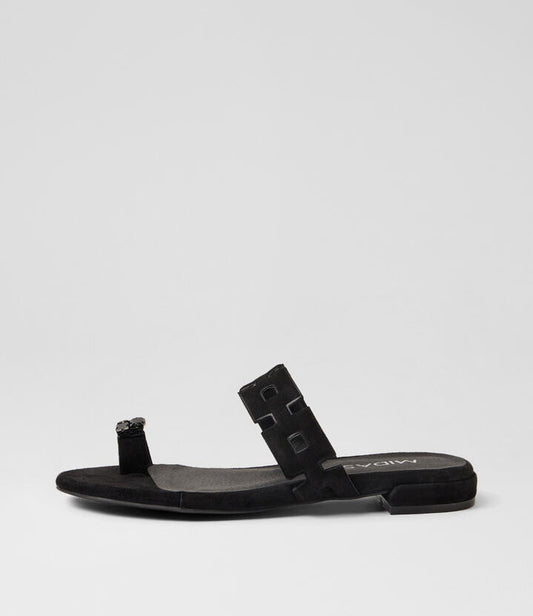 Image of Sandals. Product name - Lira Black Suede Thongs in Black colour by brand - MIDAS
