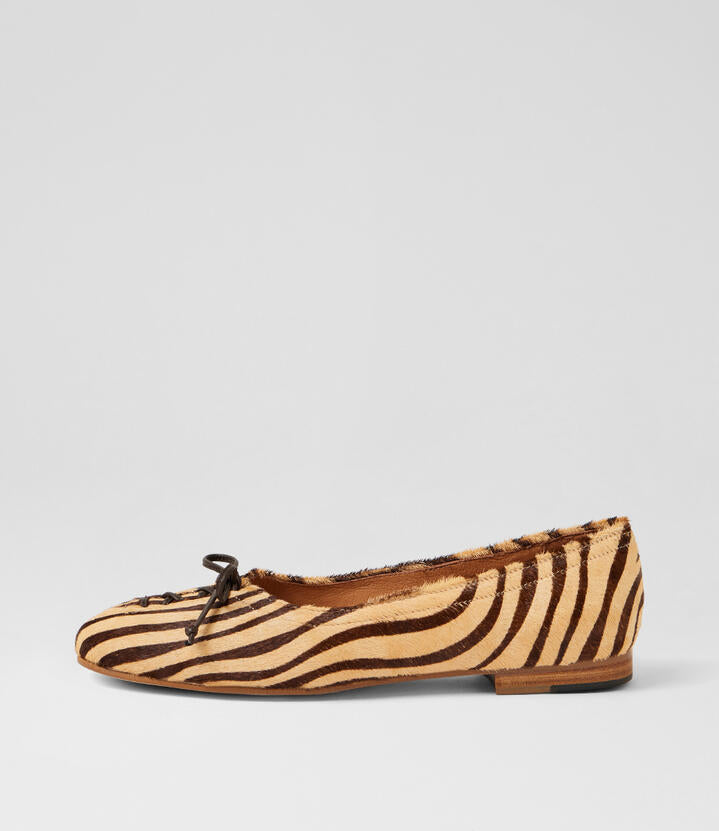Image of Shoes. Product name - Unicorn Camel Choc Zebra Pony Flat Shoes in Camel&Choc Zebra colour by brand - MIDAS