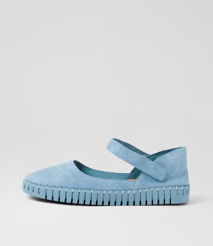 Image of Jeans. Product name - Highlife Denim Suede Flat Shoes in Denim-Denim Sole colour by brand - MIDAS