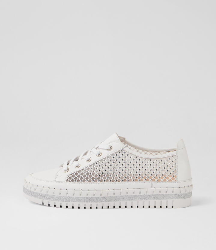 Image of Sneakers. Product name - Monet White Leather Mesh Sneakers in White colour by brand - MIDAS