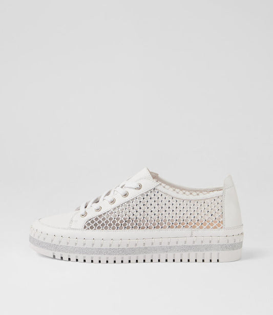 Image of Sneakers. Product name - Monet White Leather Mesh Sneakers in White colour by brand - MIDAS