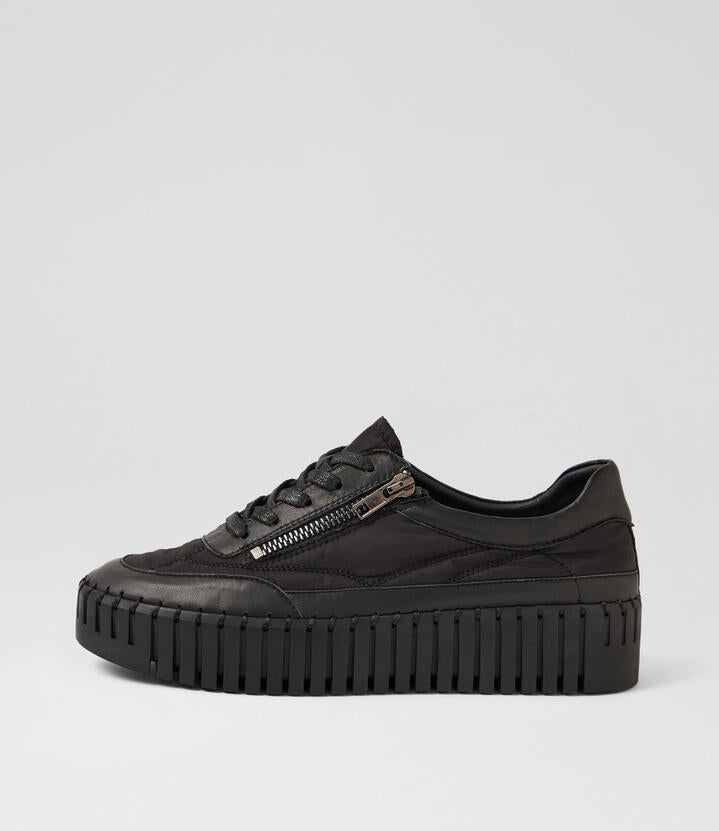 Image of Sneakers. Product name - Booky Black Leather Fabric Sneakers in Black-Black Sole colour by brand - MIDAS