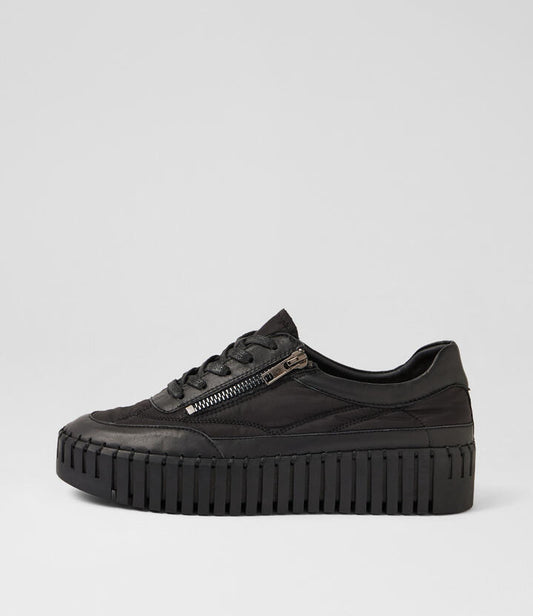Image of Sneakers. Product name - Booky Black Leather Fabric Sneakers in Black-Black Sole colour by brand - MIDAS