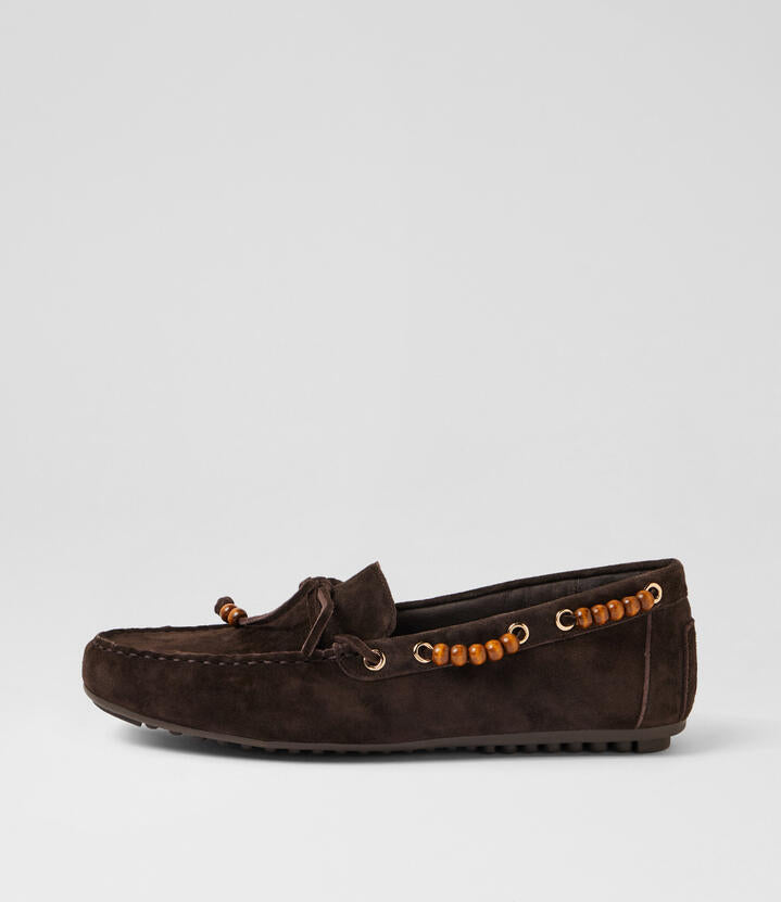 Image of Shoes. Product name - Voodoo Choc Suede Flat Shoes in Choc colour by brand - MIDAS
