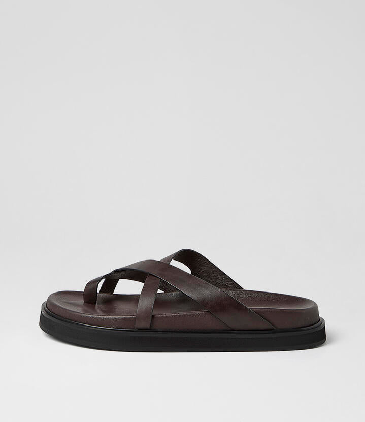 Image of Slippers. Product name - Milie Choc Leather Slides in Choc colour by brand - MOLLINI