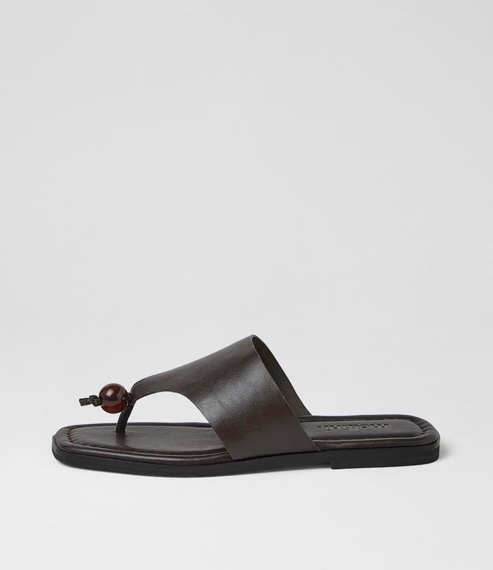 Image of Sandals. Product name - Arai Choc Leather Thongs in Choc colour by brand - MOLLINI