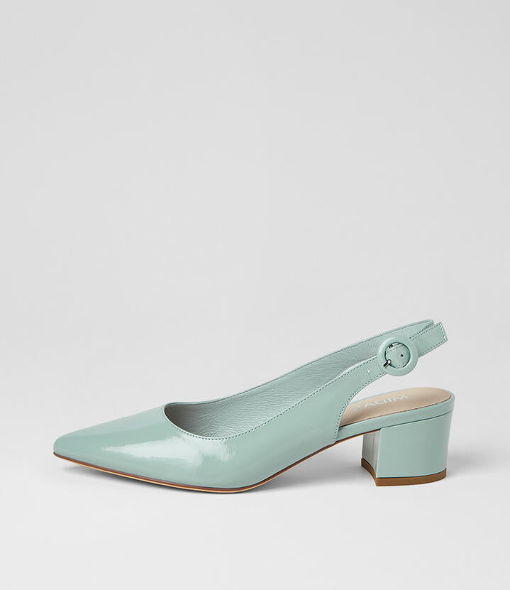 Image of Heels. Product name - Amali Pale Blue Patent Leather Pump Heels in Pale Blue colour by brand - MIDAS