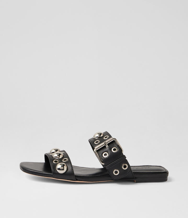 Image of Slippers. Product name - Rixoni Black Leather Slides in Black colour by brand - MOLLINI