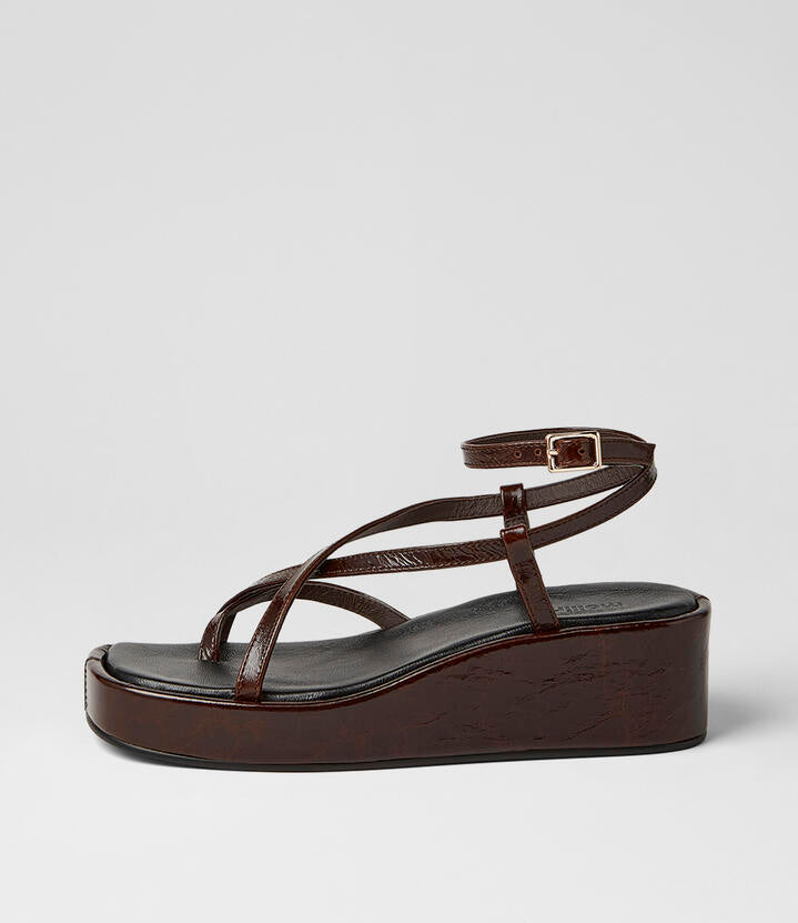 Image of Sandals. Product name - Cinsere Choc Crinkle Leather Sandals in Choc colour by brand - MOLLINI