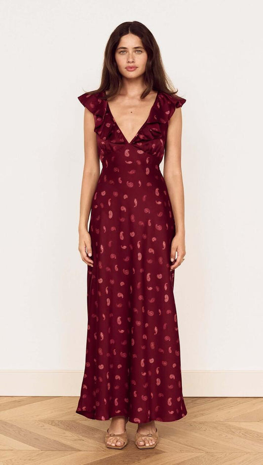 Image of Dresses. Product name - Wine Satin Paisley Ruffled Bias Midi Dress in Wine Paisley colour by brand - MINKPINK